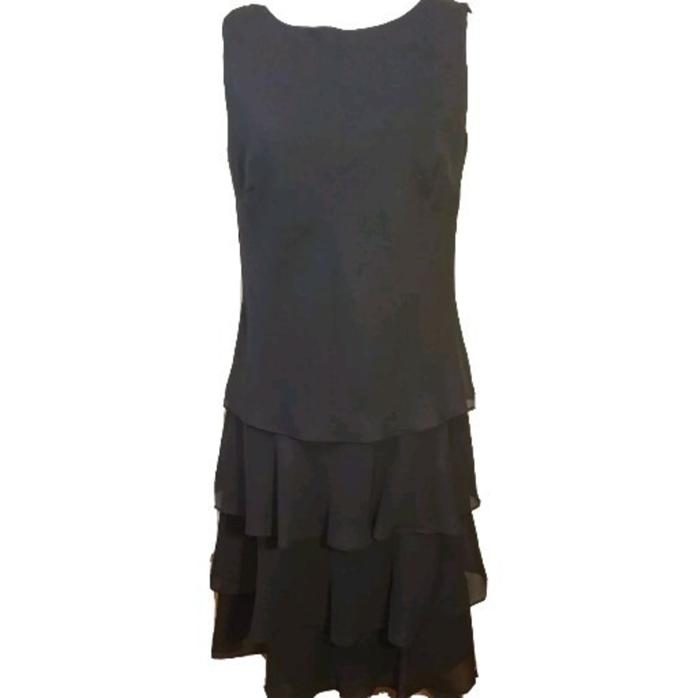 Talbots Ruffled Tiered Midi Dress Womens Size 8 Black Classic Layered Sleeveless